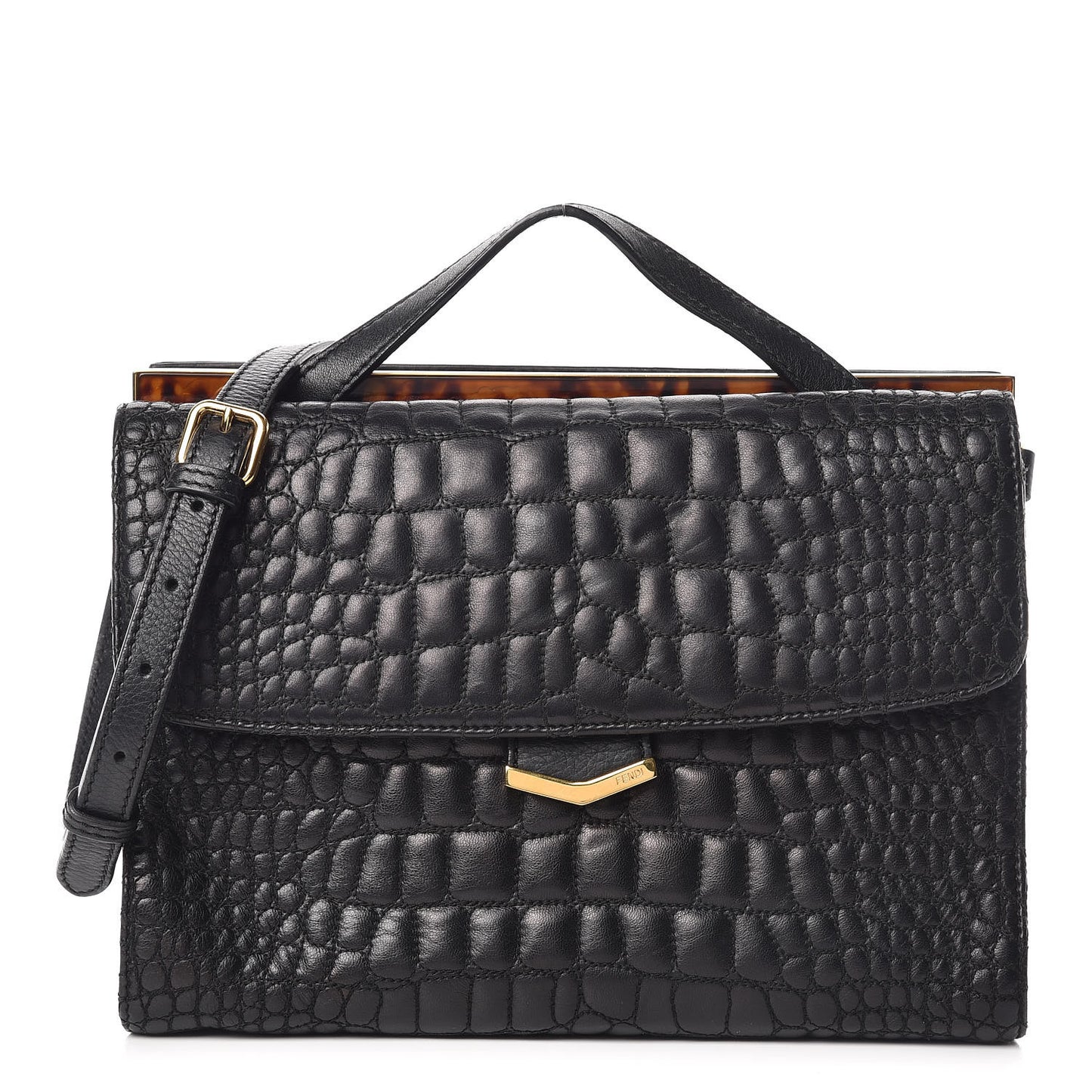 Nappa Calfskin Crocodile Trapuntata Demi Jour Shoulder Bag Black