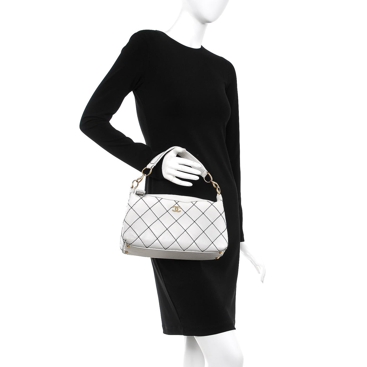 Calfskin Contrast Stitch Surpique Hobo White