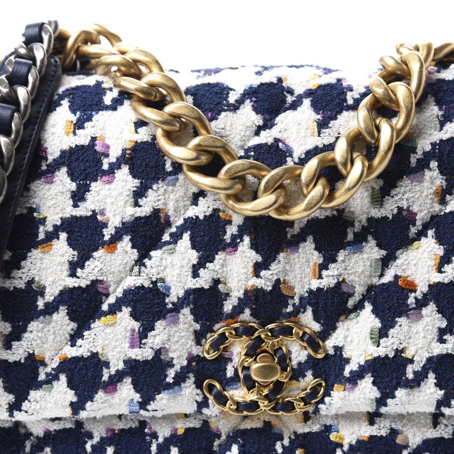 Tweed Quilted Large 19 Flap Ecru Navy Blue Multicolor
