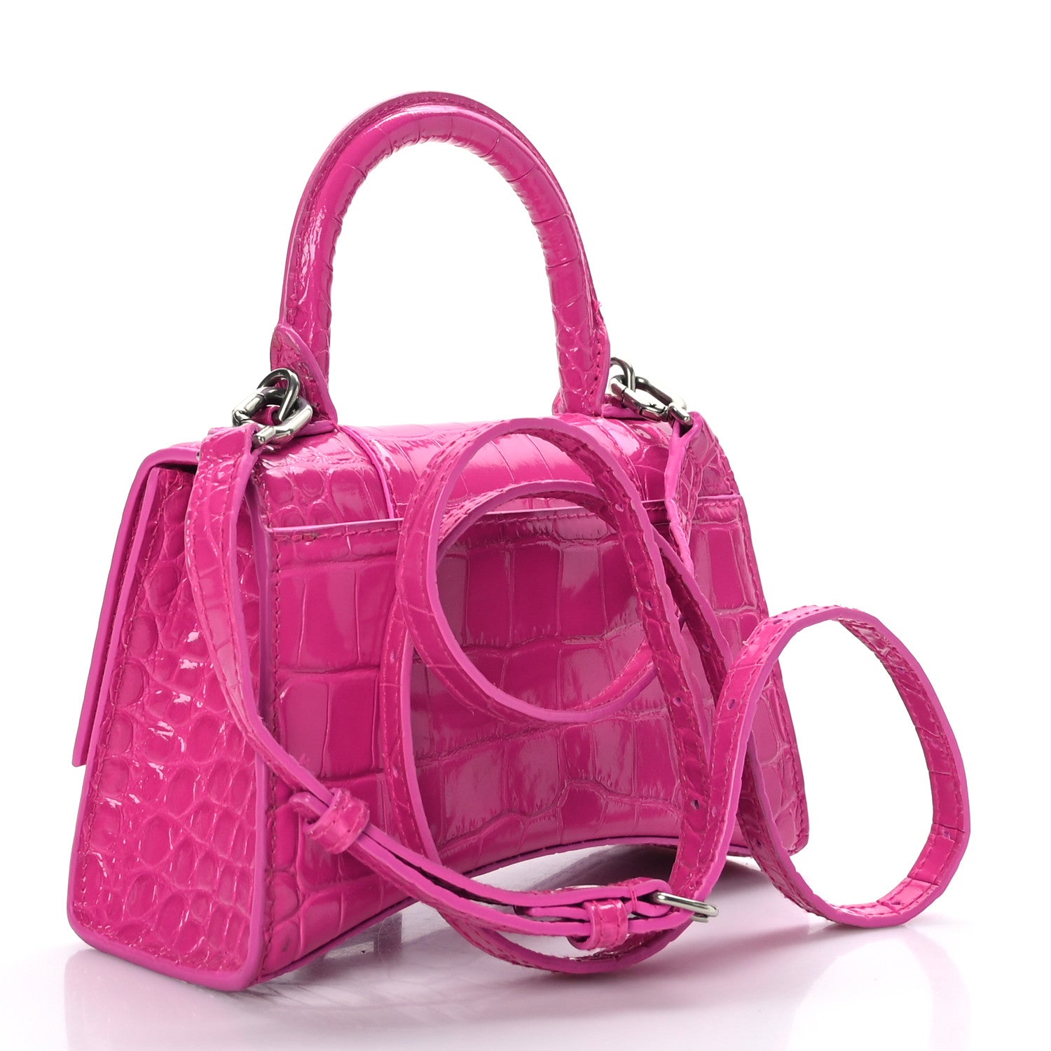 Balenciaga Shiny Calfskin Crocodile Embossed Hourglass Top Handle Bag XS Lipstick Pink 3 of 11