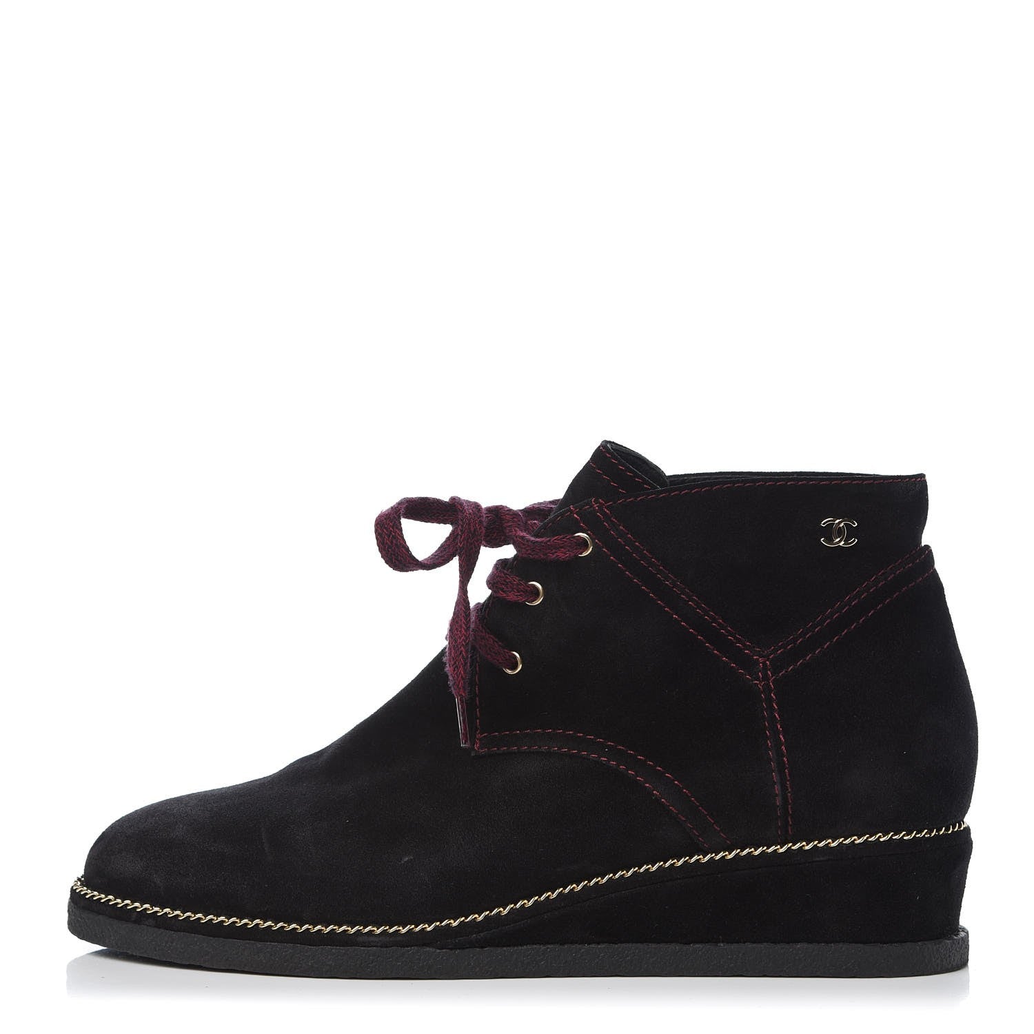Chanel Suede Calfskin Lace Up Wedge Booties 40.5 Black 1 of 9