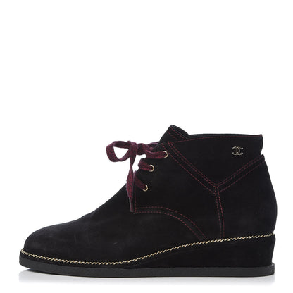 Chanel Suede Calfskin Lace Up Wedge Booties 40.5 Black 1 of 9