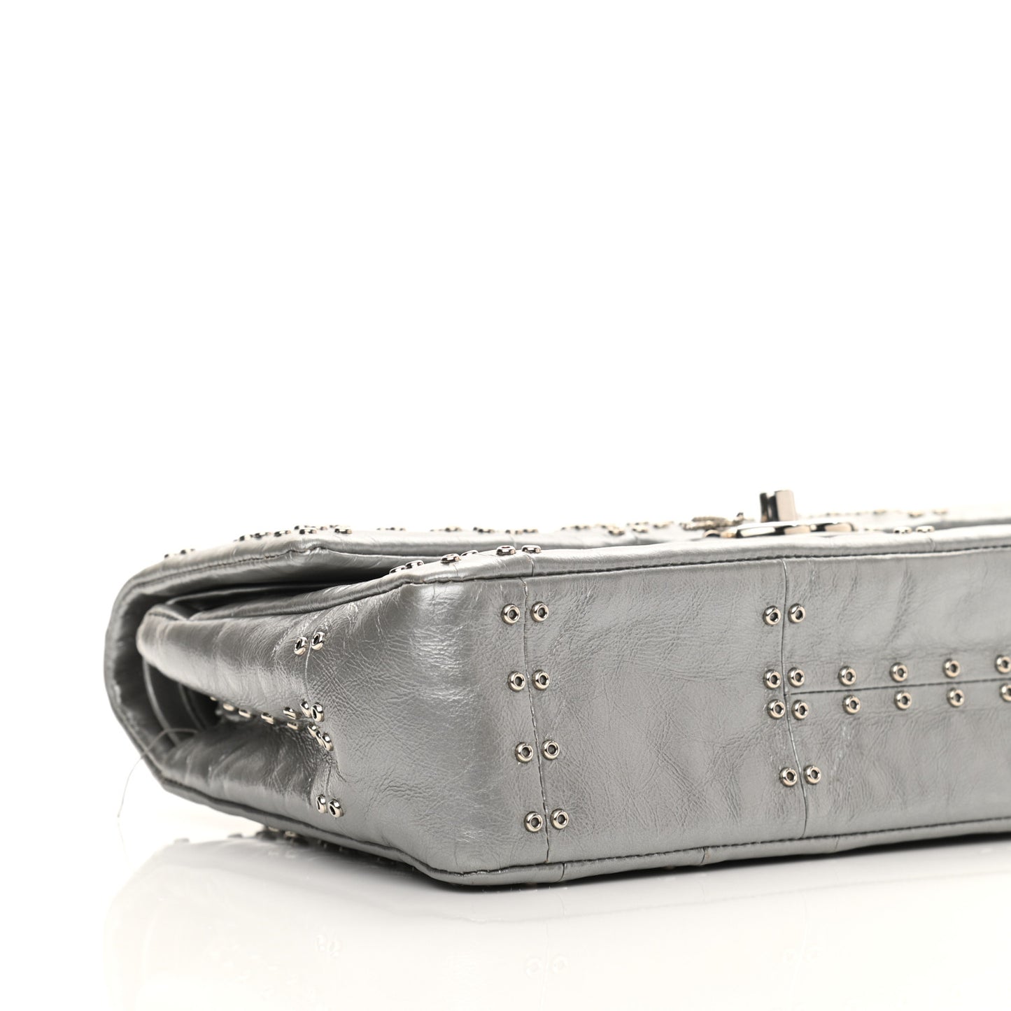 Glazed Calfskin Grommet Embellished Medium Airline Double Flap Silver