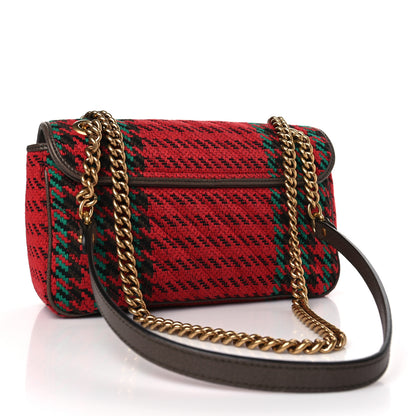 Gucci Wool Tweed Textured Dollar Calfskin Matelasse Diagonal Plaid Small GG Marmont Shoulder Bag Red Green Multicolor New Acero 3 of 9