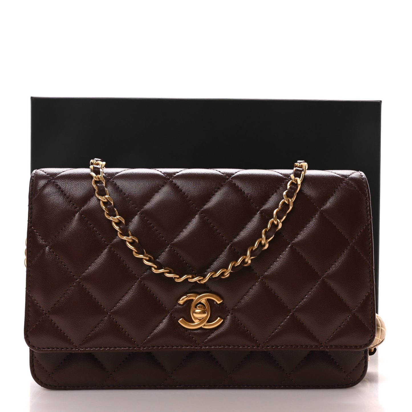 Lambskin Quilted CC Pearl Crush Wallet on Chain WOC Dark Brown
