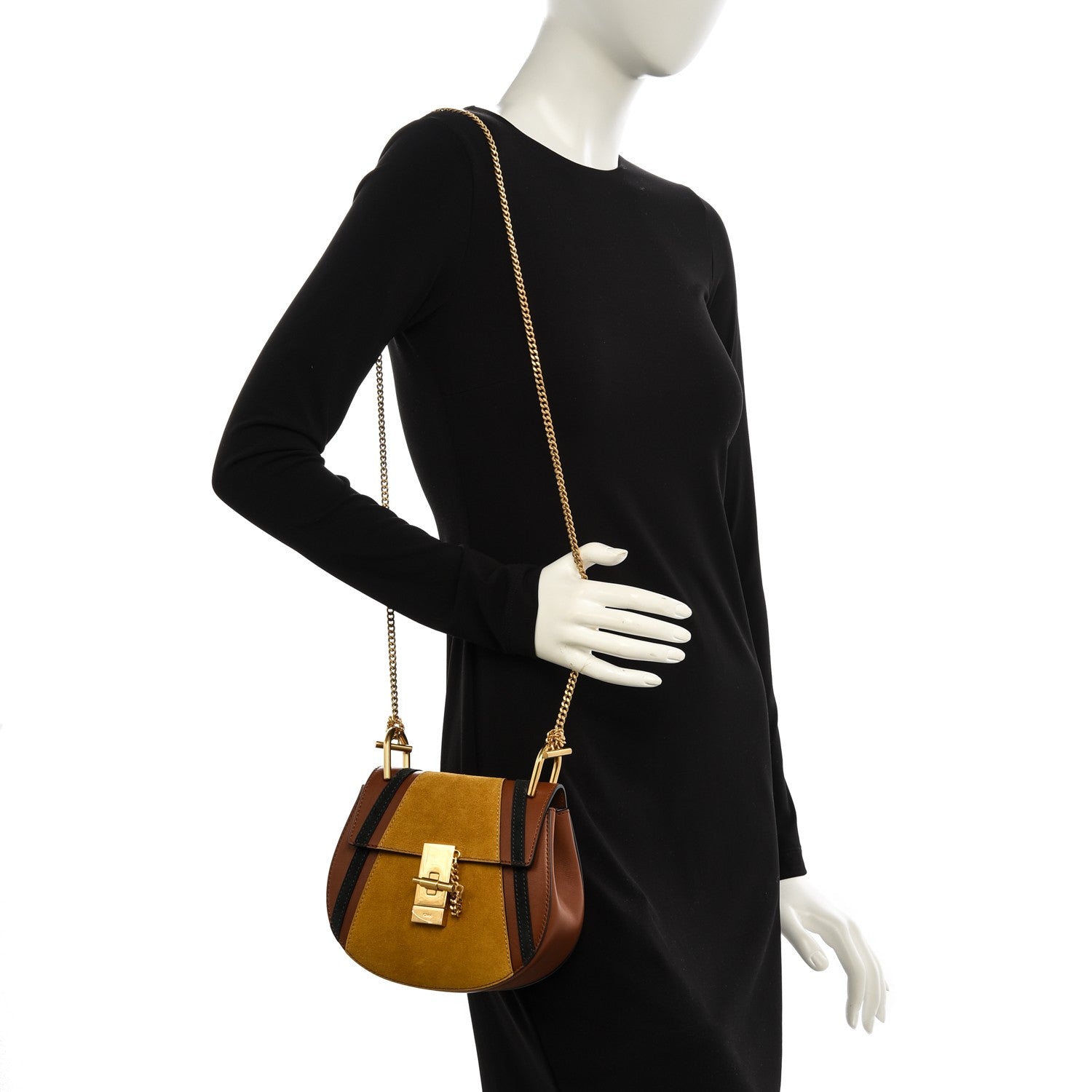 Chloe Suede Calfskin Patchwork Mini Drew Shoulder Bag Tobacco 2 of 6