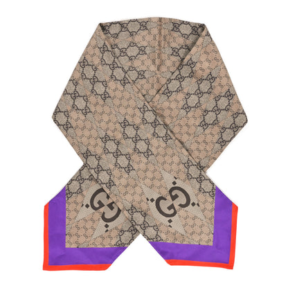 Gucci Silk Twill GG Monogram GG Rombybow Neck Bow Scarf Camel Dark Purple 1 of 4