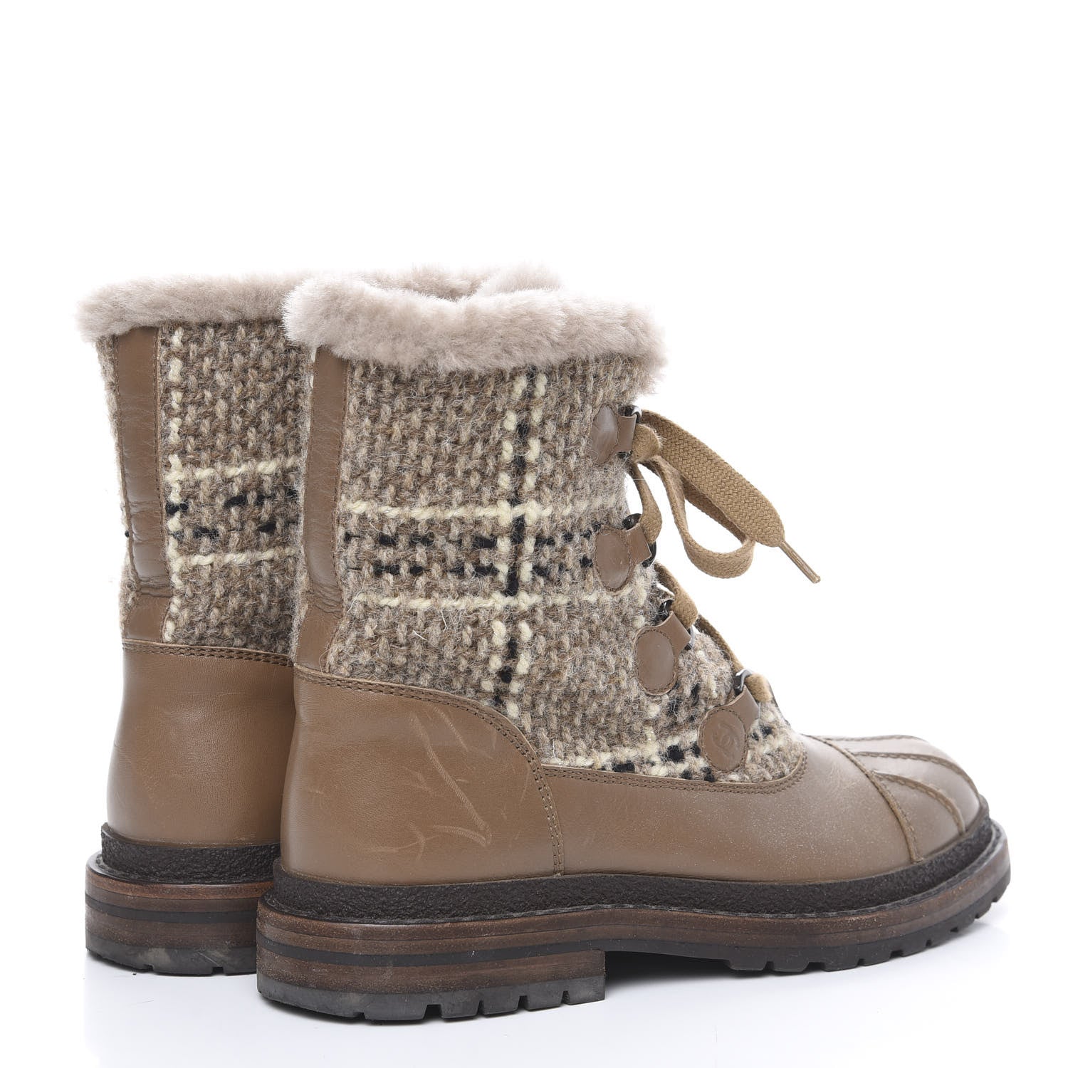 Chanel Tweed Shearling Lace Up Short Boots 38.5 Beige 4 of 9