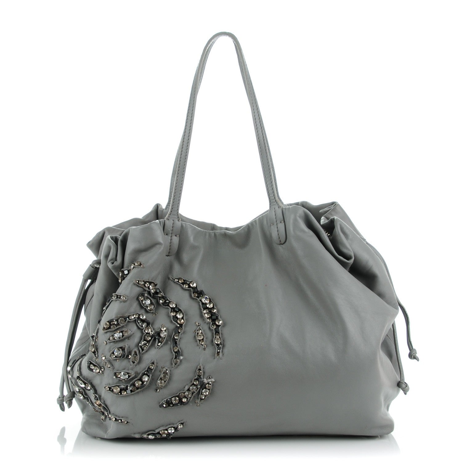 Valentino Garavani Nappa Leather Crystal Rose Glam Tote Gray 1 of 9