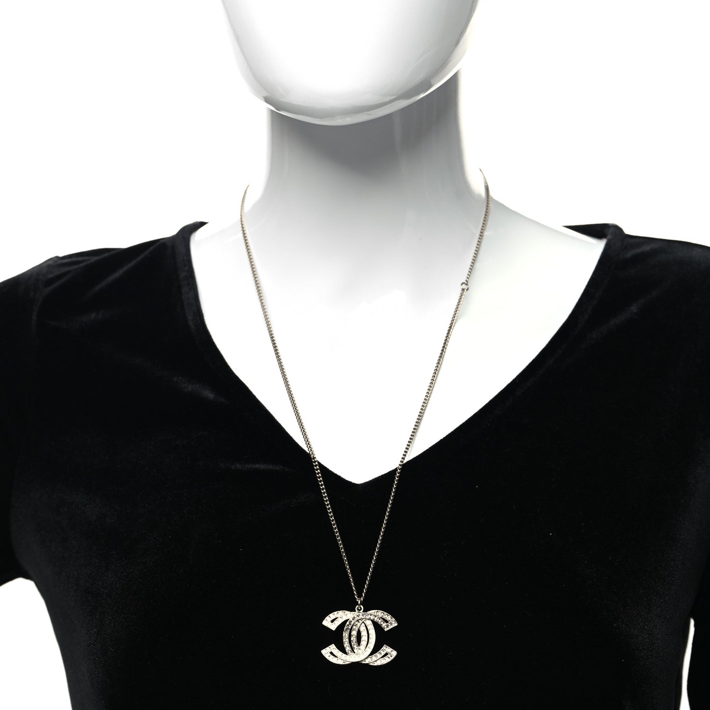 Metal Crystal Baguette CC Pendant Necklace Silver