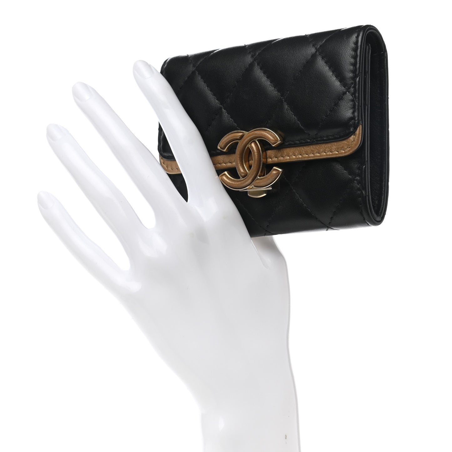 Lambskin Quilted CC Chic Flap Card Holder Black Gold