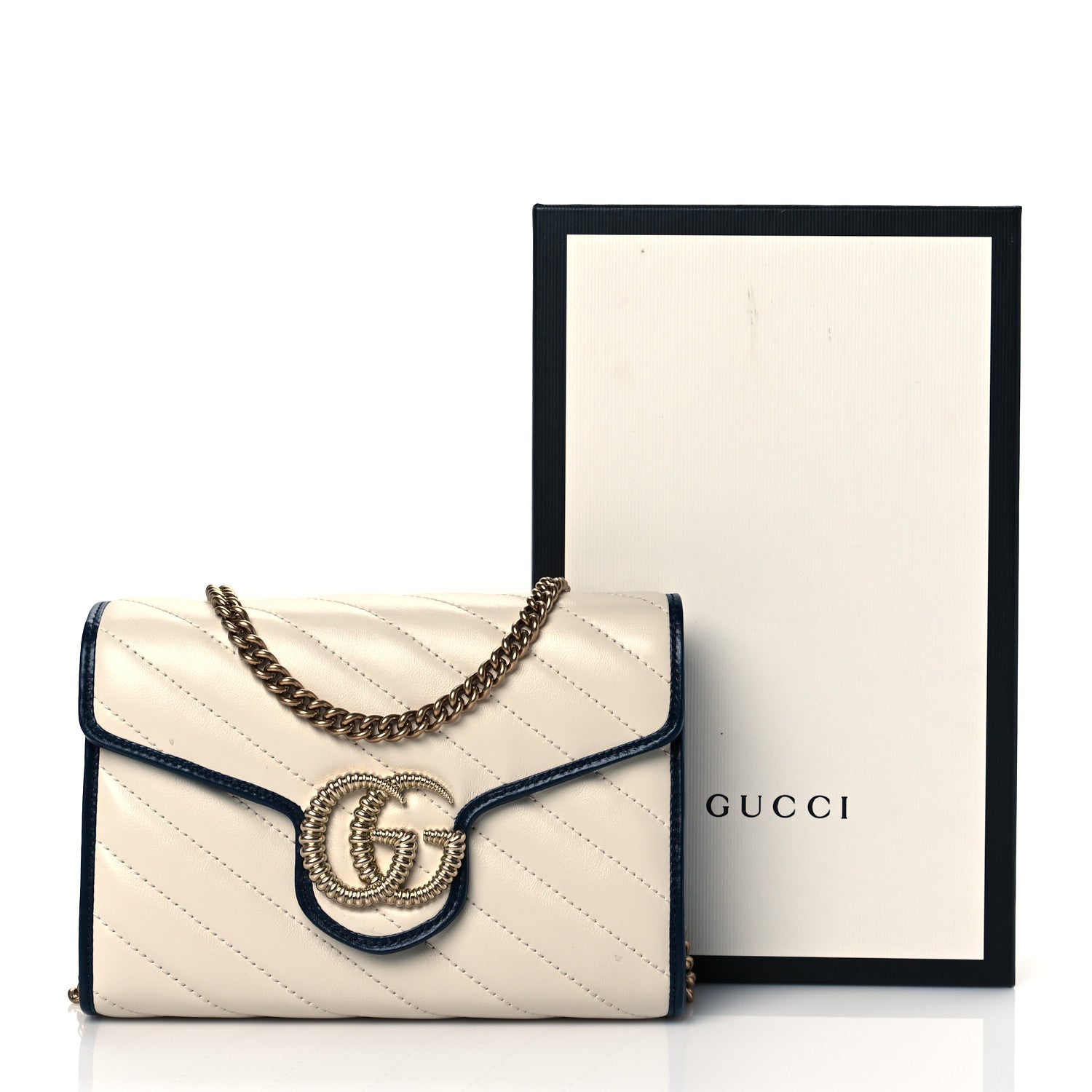 Gucci Vintage Effect Calfskin Matelasse Diagonal Torchon GG Marmont Chain Wallet Mystic White Blue Agata 10 of 10