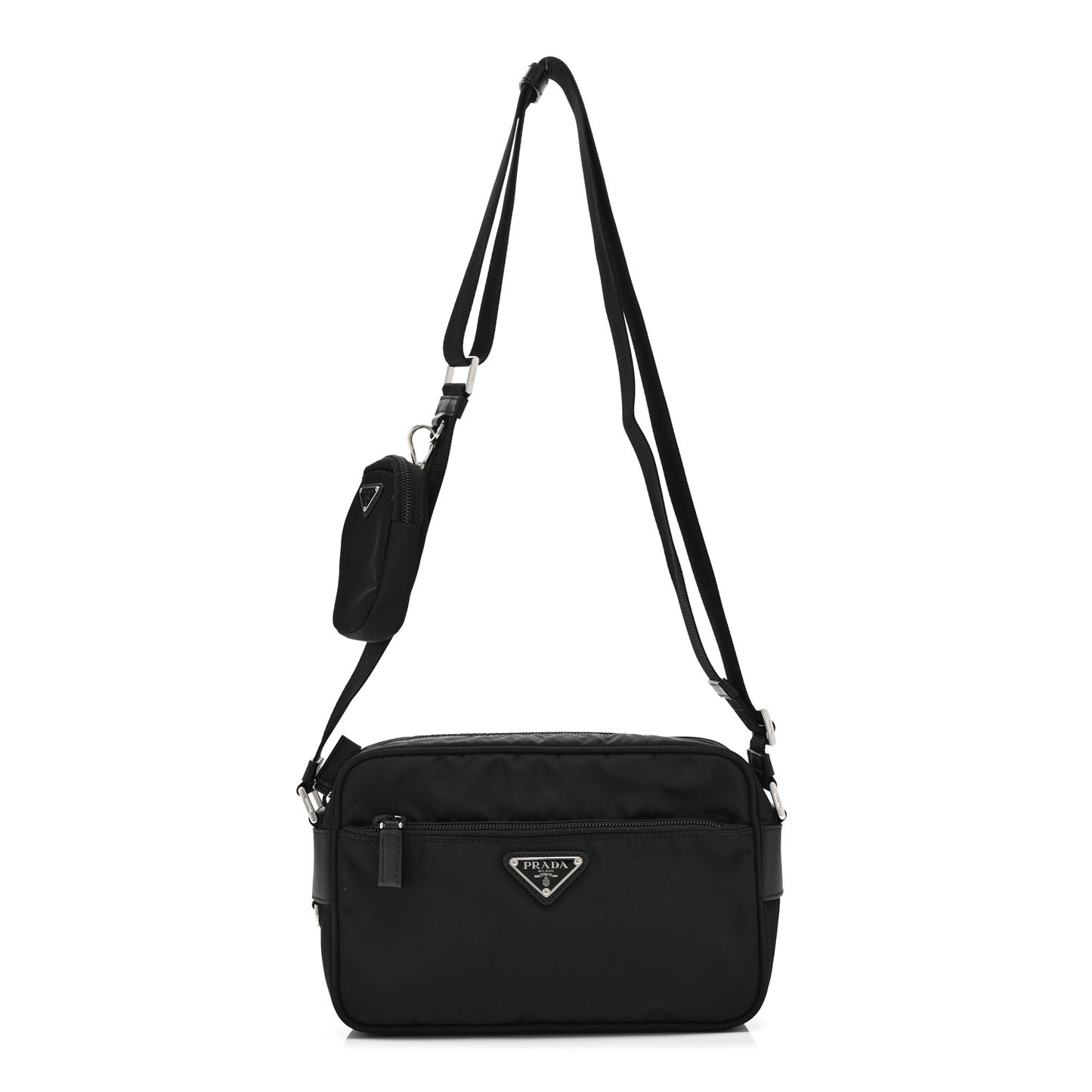 Re-Nylon Vela Saffiano Pocket Double Zip Shoulder Bag Black