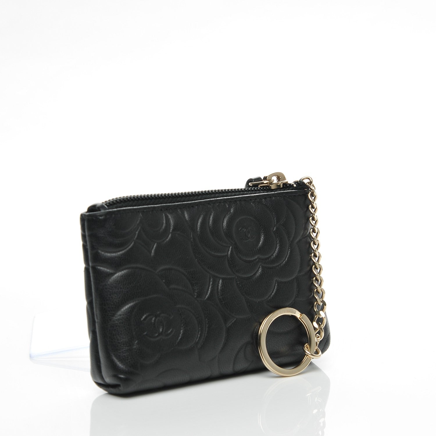 Chanel Lambskin Camellia Embossed Key Holder Case Black 3 of 7