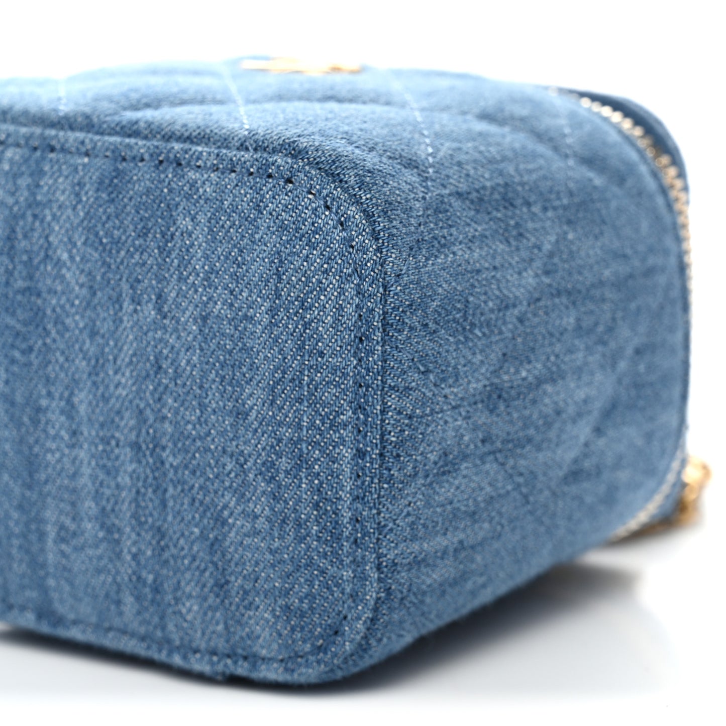 Denim Quilted Mini Pearl Crush Vanity Case With Chain