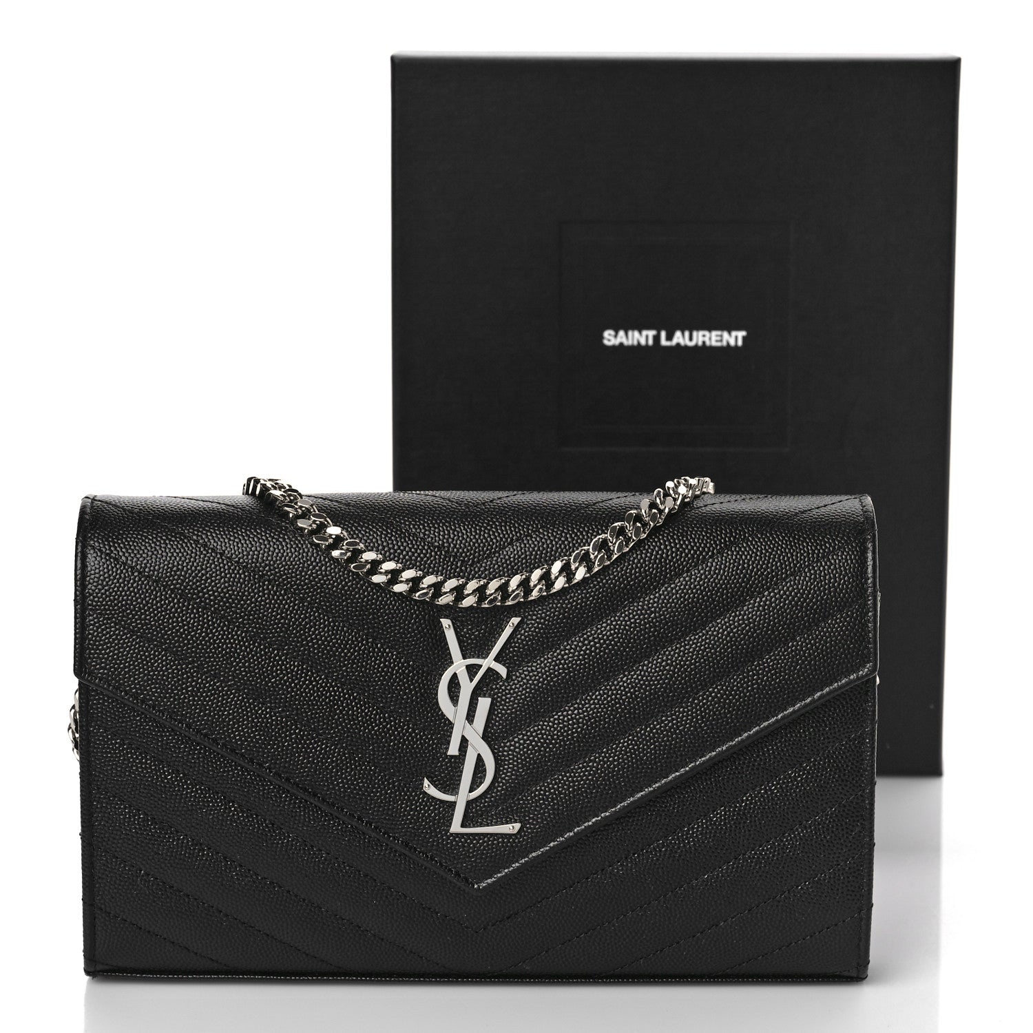 Saint Laurent Grain De Poudre Matelasse Chevron Monogram Chain Wallet Black 9 of 9