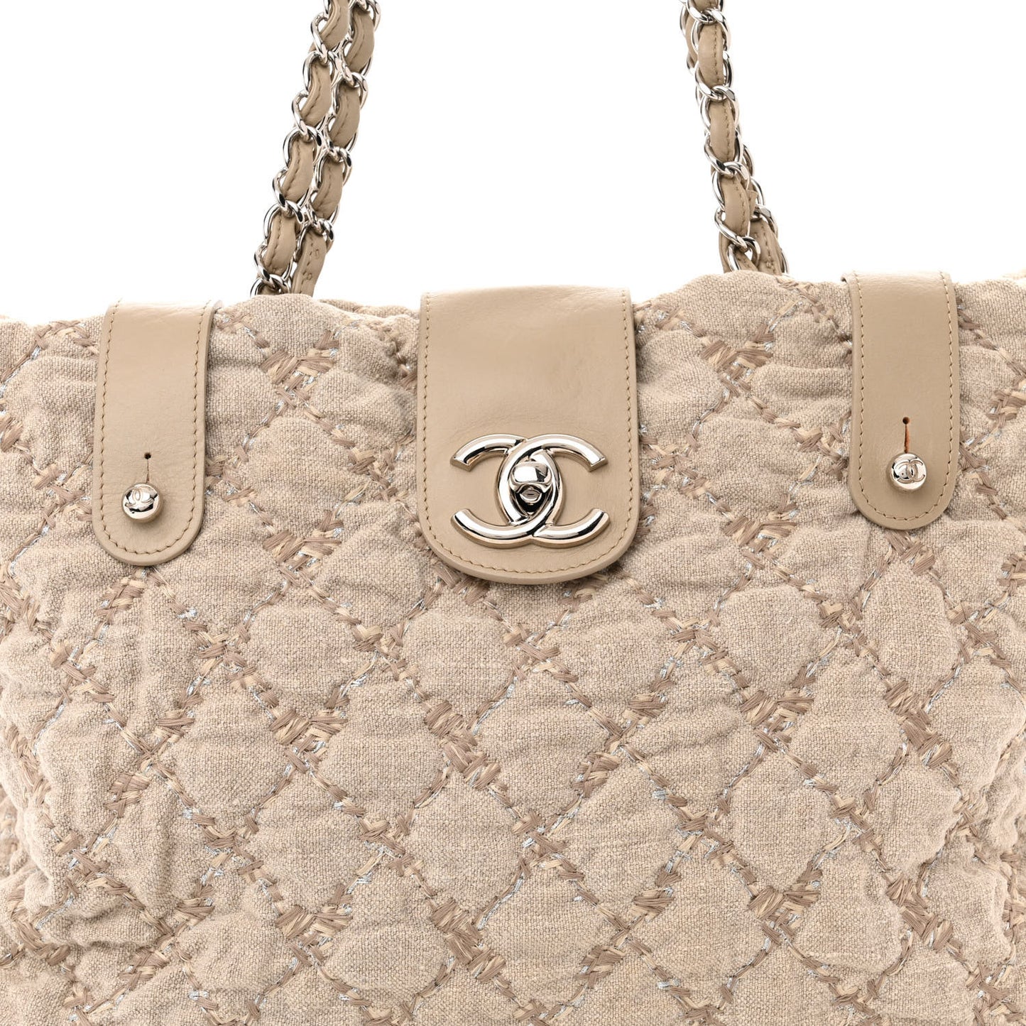 Canvas Quilted Tweed Stitch Bubble Shopping Tote Beige