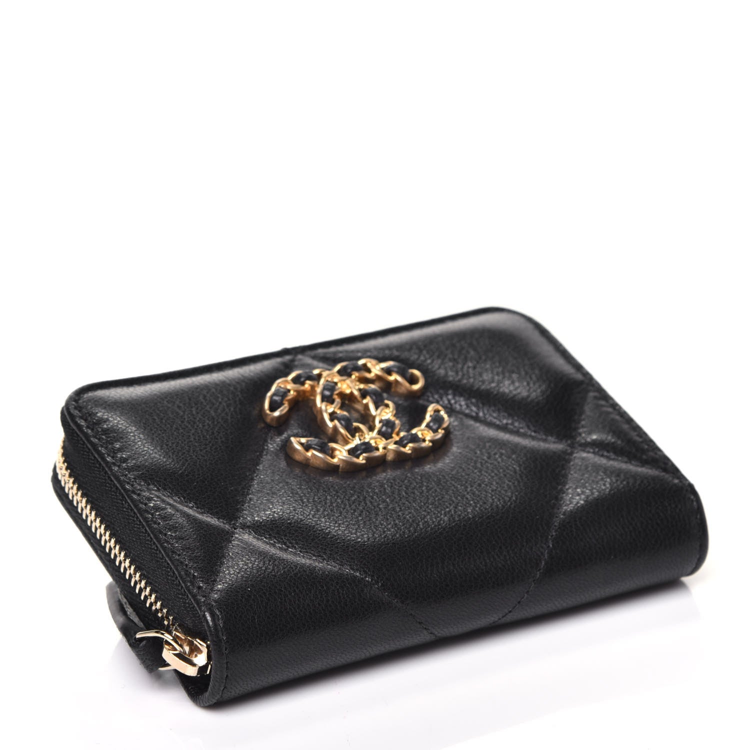 Chanel Goatskin Quilted Chanel 19 Zip Around Coin Purse Wallet Black 4 of 7
