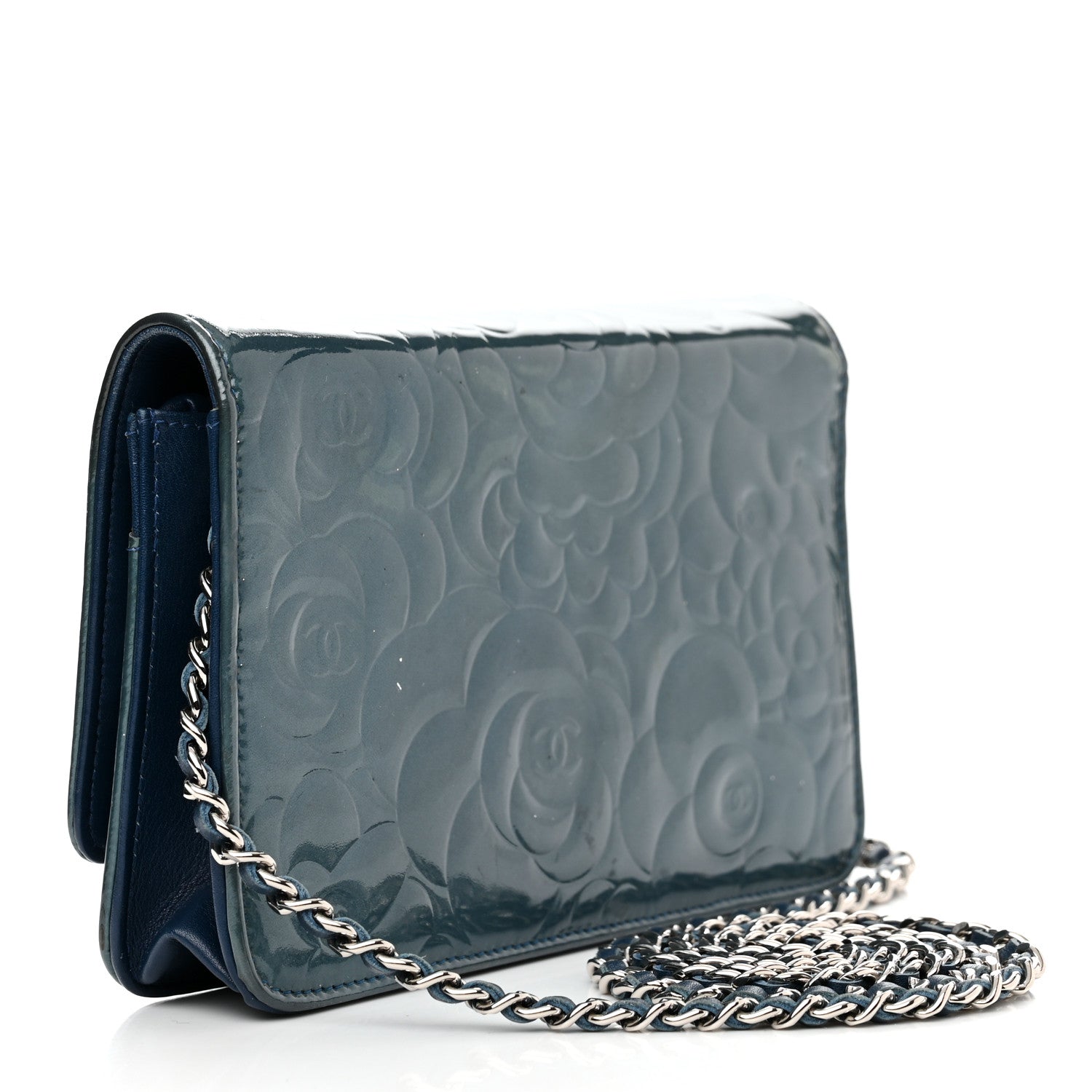 Chanel Patent Camellia Wallet on Chain WOC Royal Blue 3 of 18