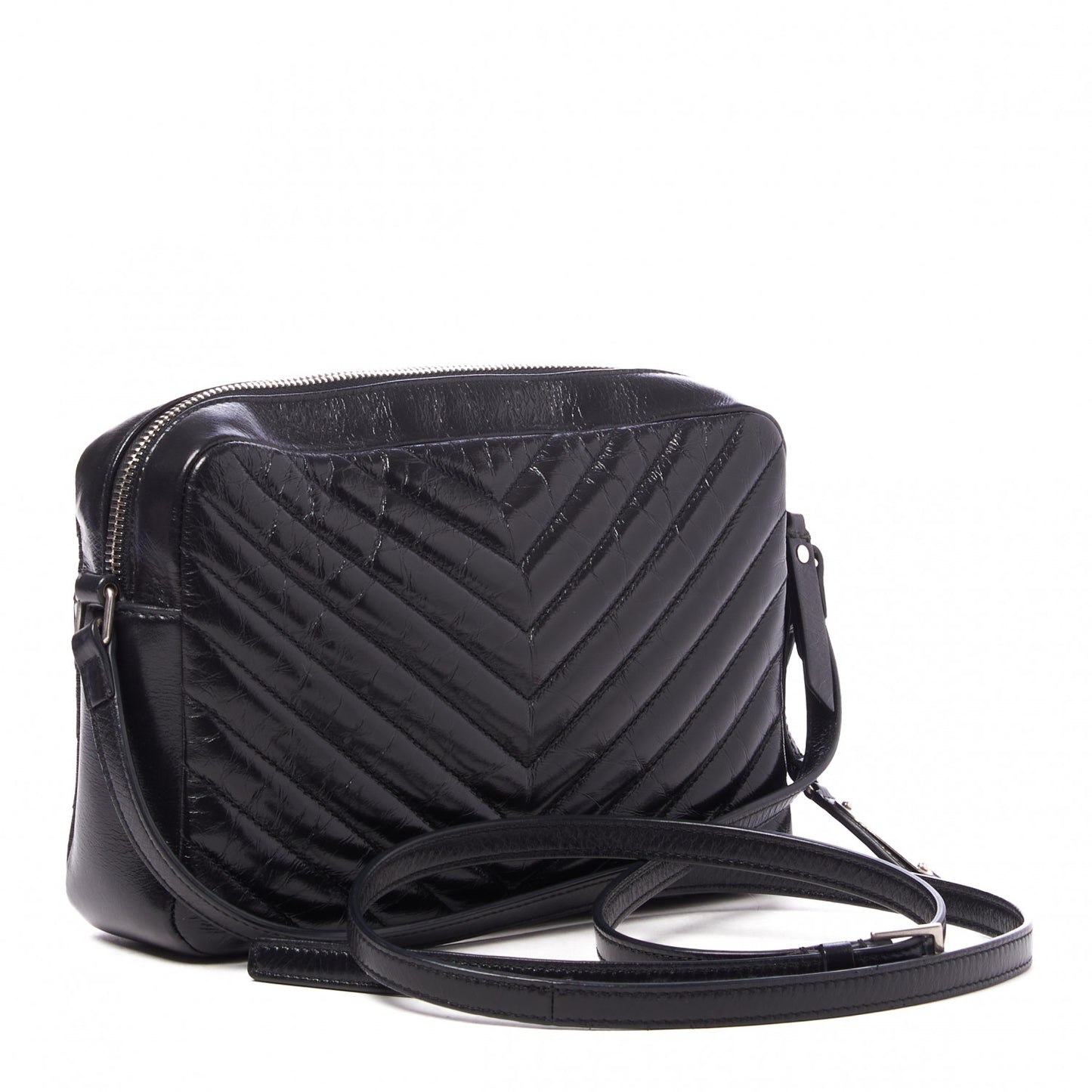 Cracked Shiny Calfskin Matelasse Monogram Lou Camera Bag Black