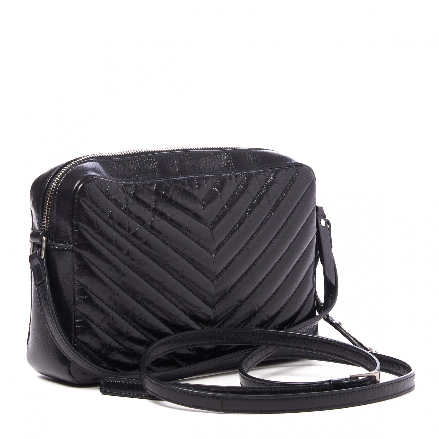 Saint Laurent Cracked Shiny Calfskin Matelasse Monogram Lou Camera Bag Black 2 of 8