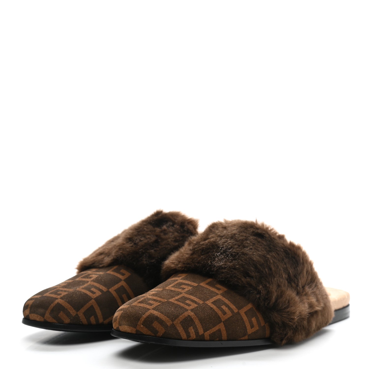 Gucci Calfskin Faux Fur Square G Mens Lawrence Slippers 9 Brown 3 of 8