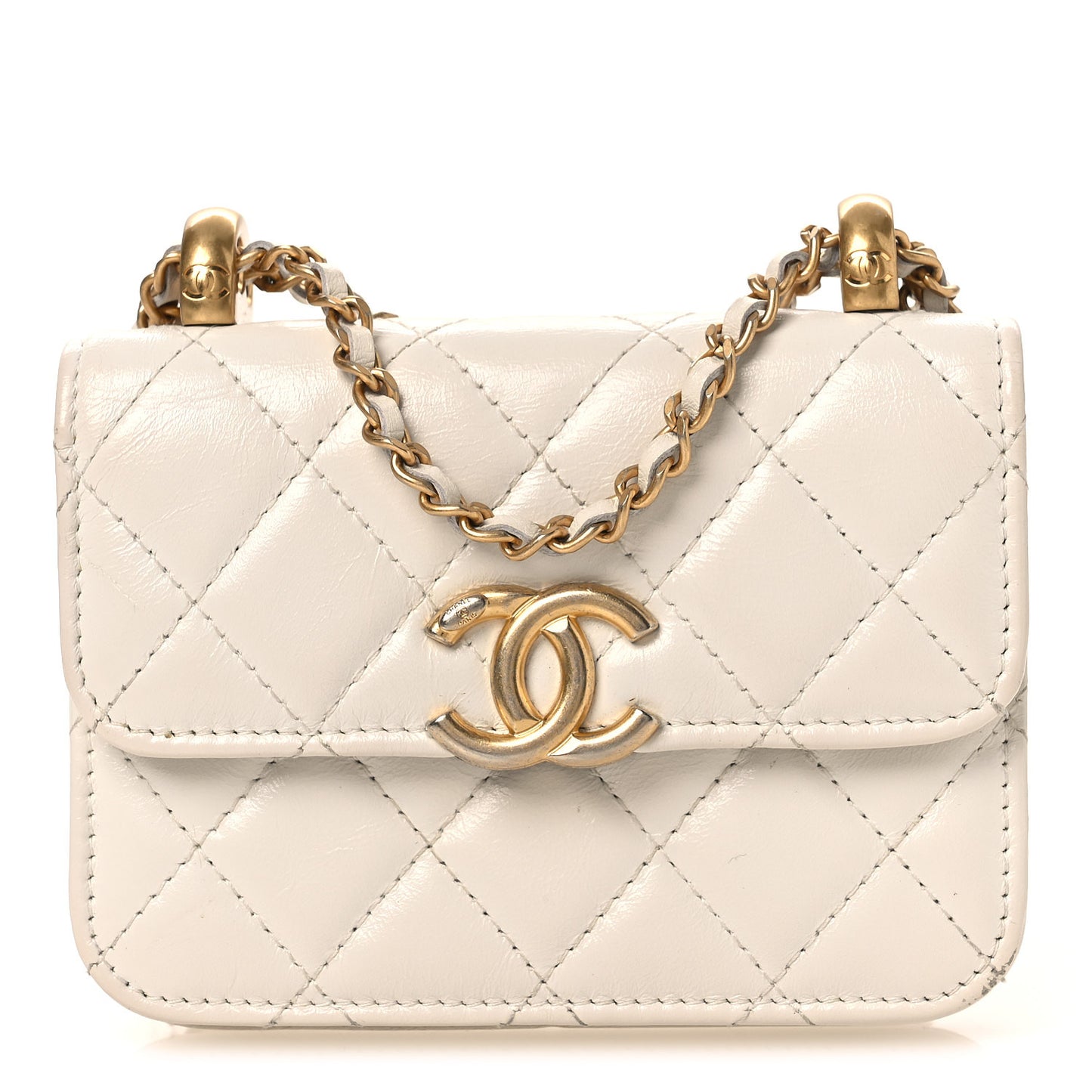 Calfskin Quilted Perfect Fit Coin Purse With Chain White