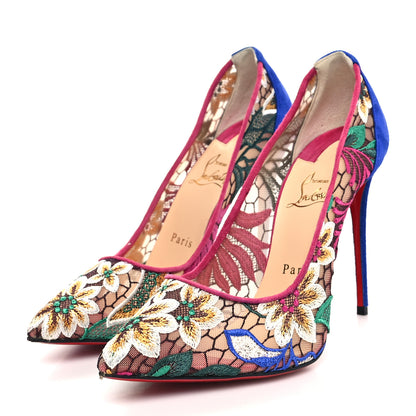 Christian Louboutin Lace Veau Velours Florale Follies 100 Pumps 38.5 Multicolor 3 of 8