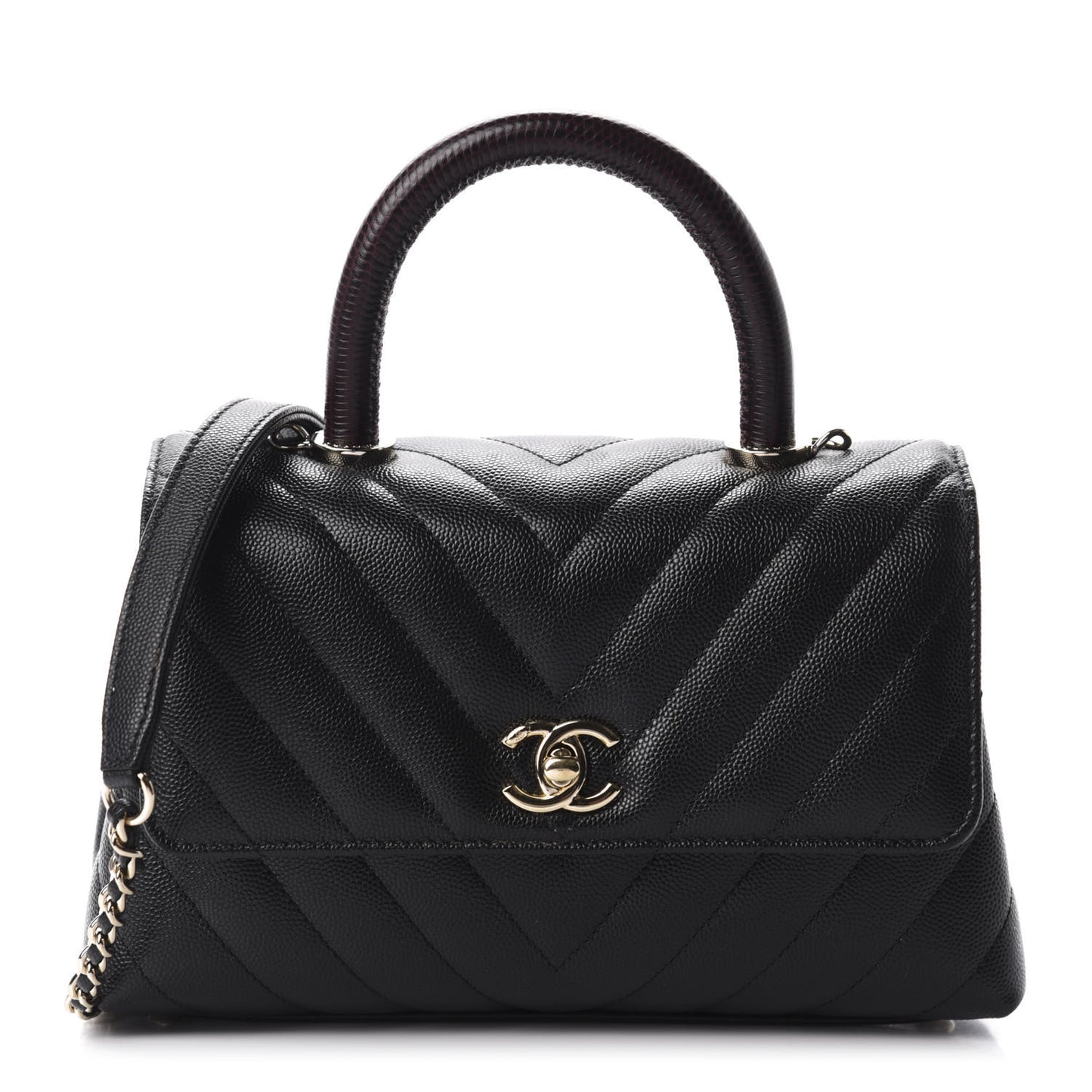 Caviar Lizard Chevron Quilted Mini Coco Handle Flap Black