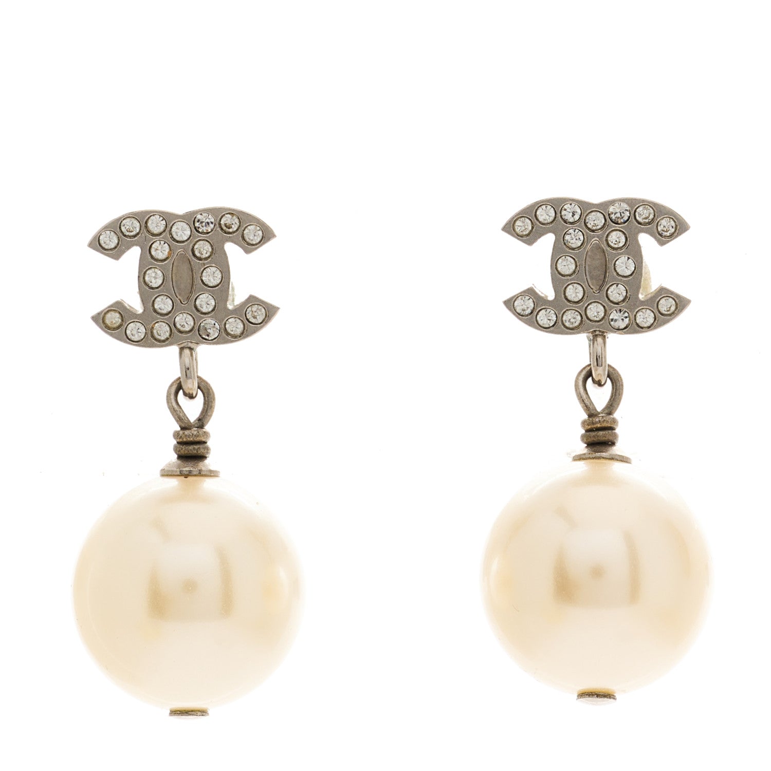 Chanel Crystal Pearl CC Drop Earrings Silver Pearly White 1 of 5