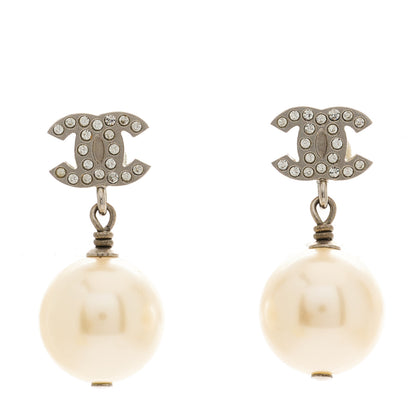 Chanel Crystal Pearl CC Drop Earrings Silver Pearly White 1 of 5