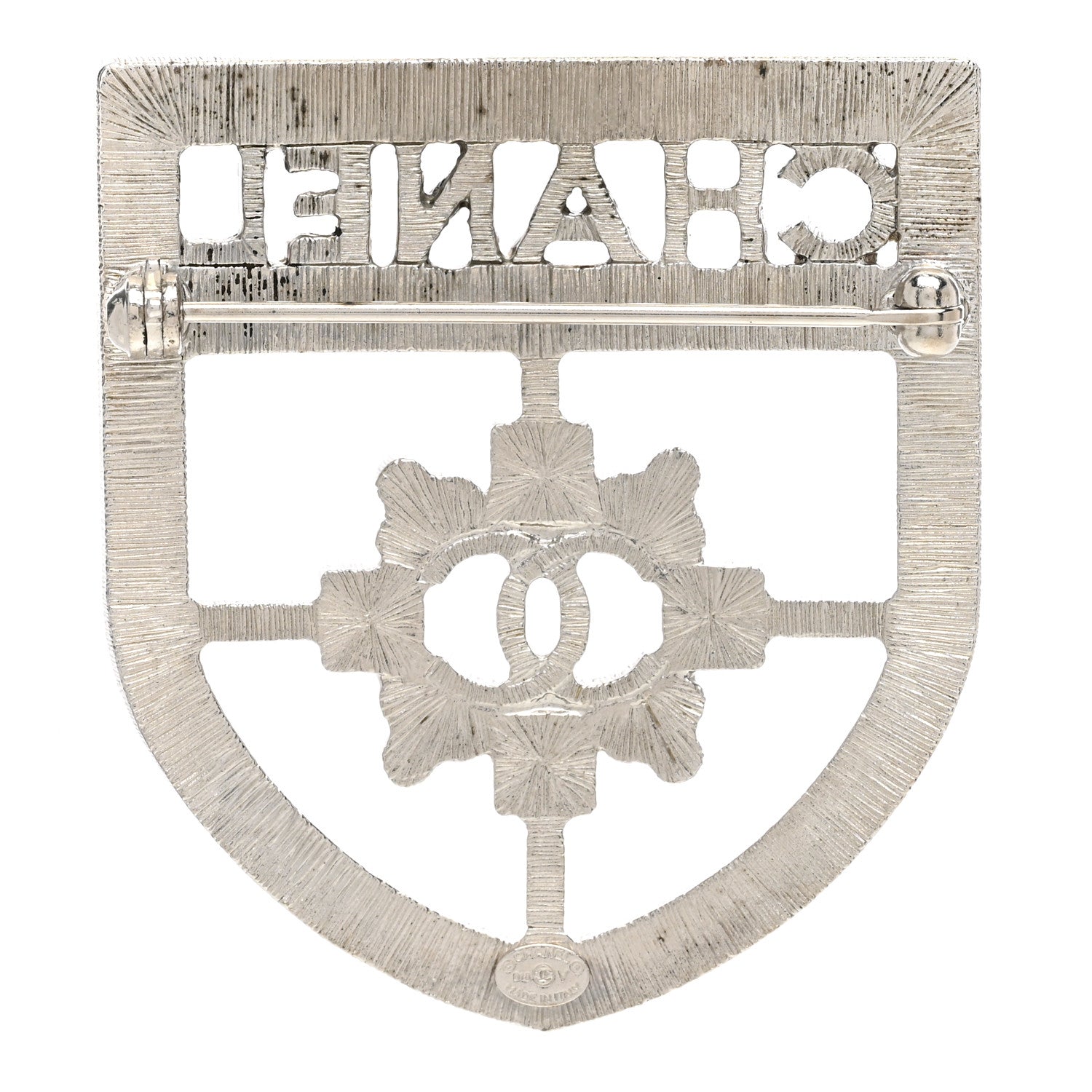 Chanel Swarovski Baguette Crystal CC Shield Brooch Silver 3 of 5