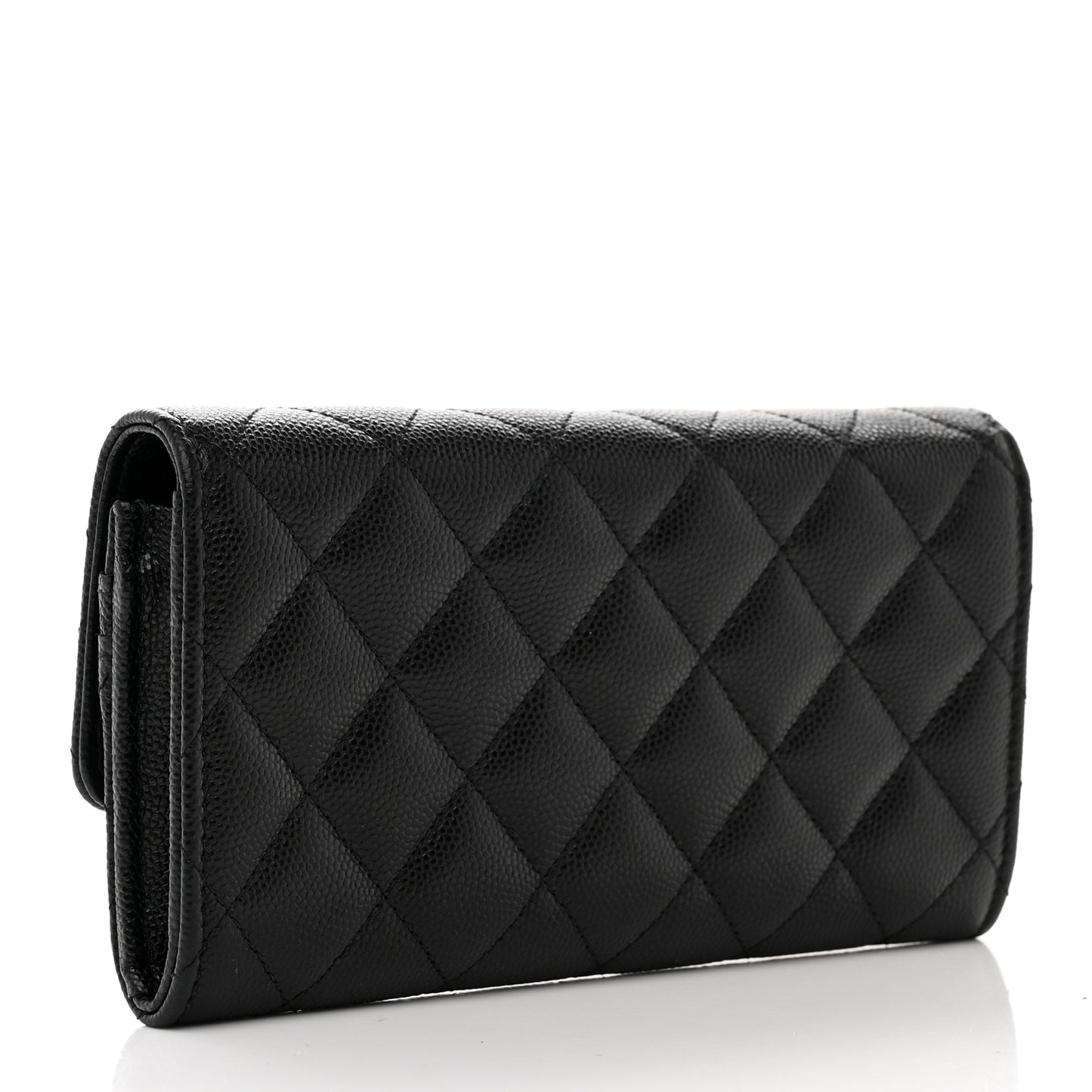 Caviar Quilted Crystal CC Large Gusset Flap Wallet Black