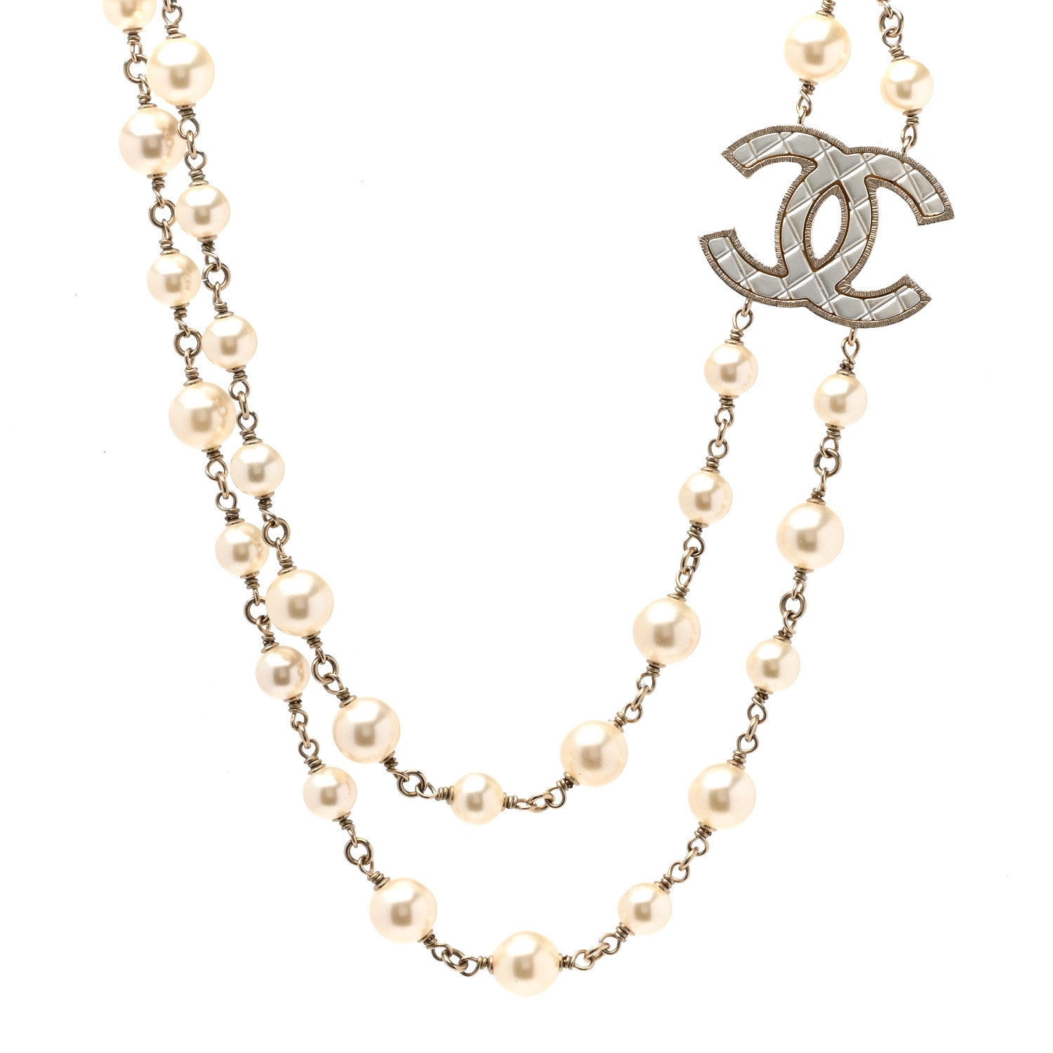 Chanel Metal Quilted Pearl CC Long Necklace Light Gold 1 of 6