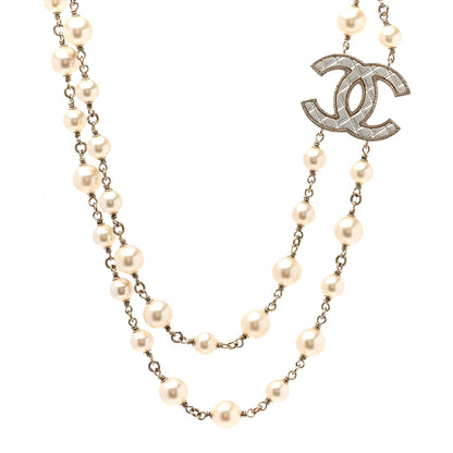 Chanel Metal Quilted Pearl CC Long Necklace Light Gold 1 of 6