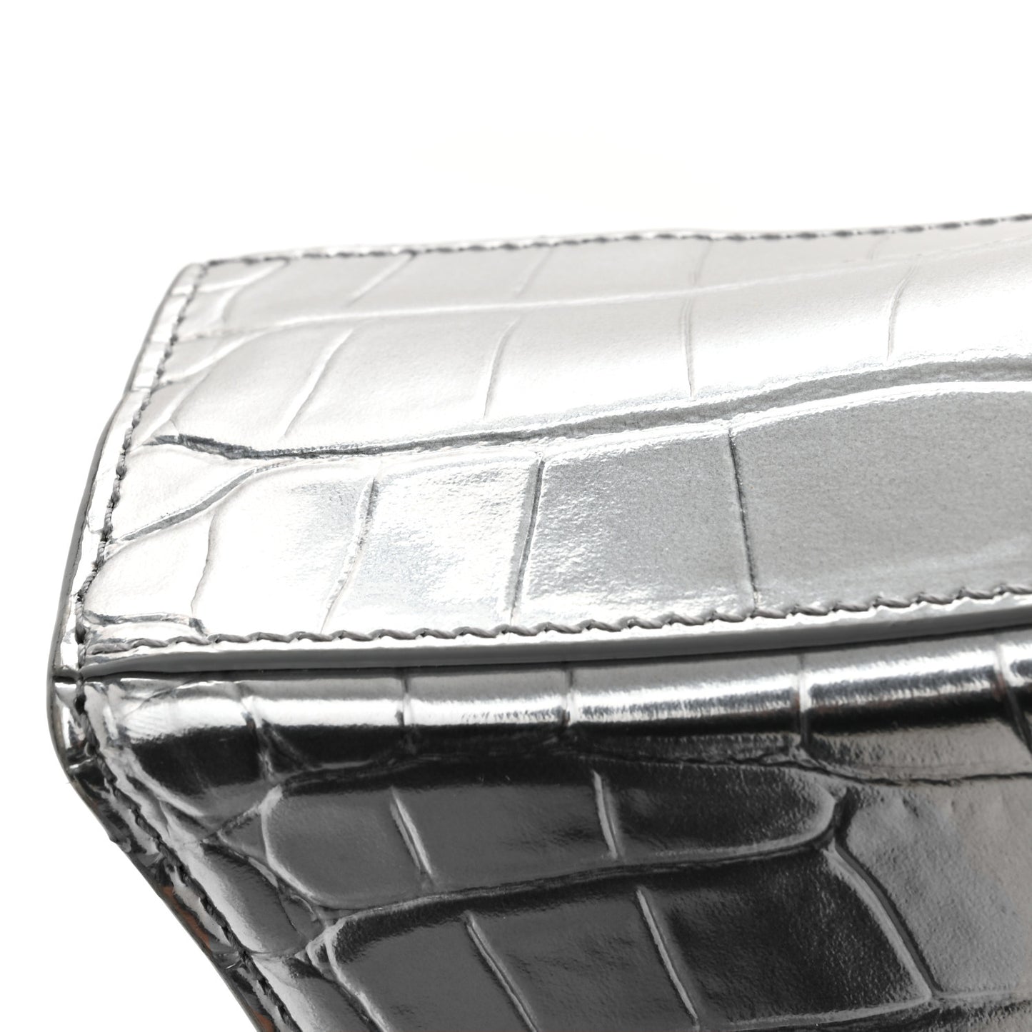 Metallic Calfskin Crocodile Embossed Hourglass Top Handle Bag XS Silver