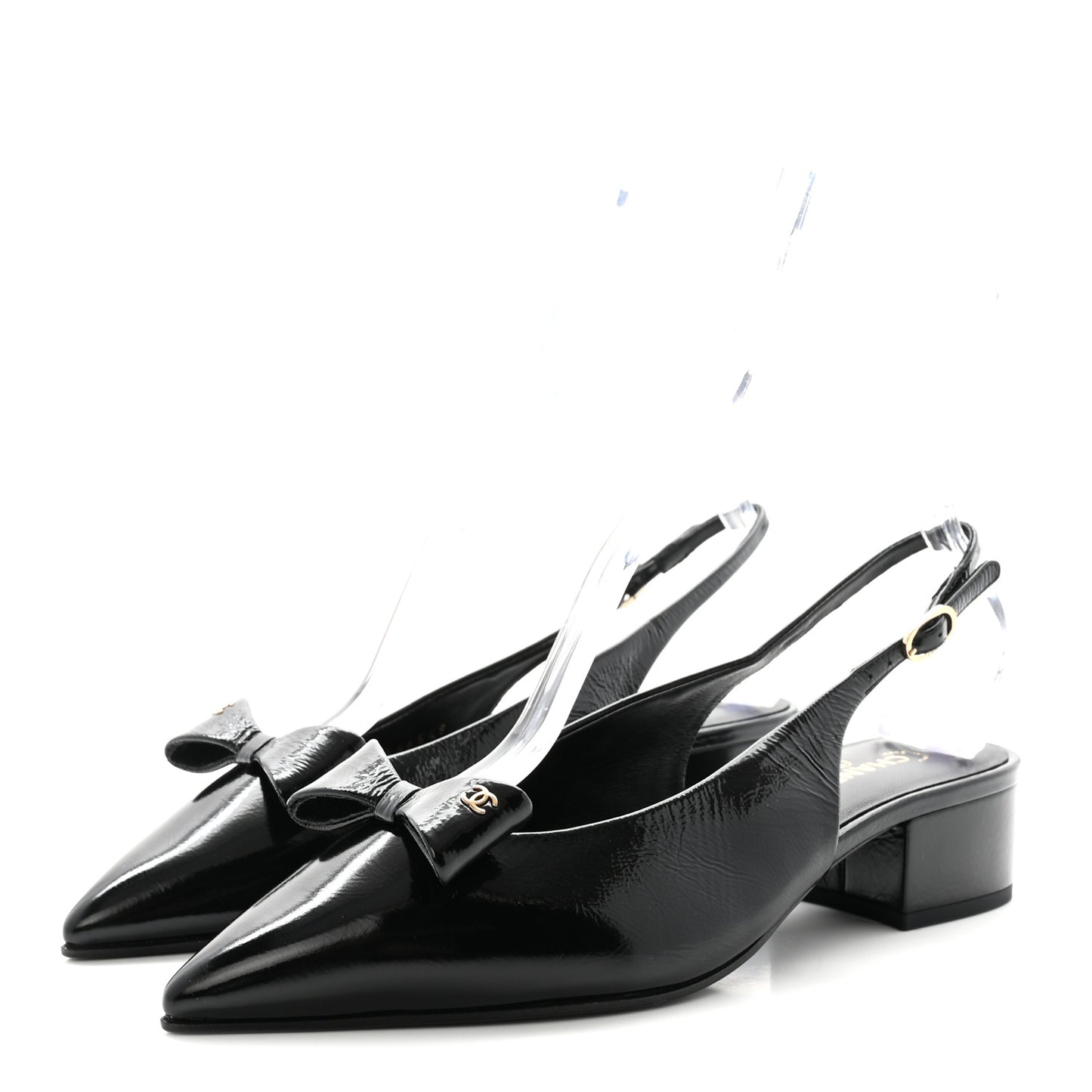 Crumpled Patent Calfskin CC Bow Slingback Pumps 37 Black