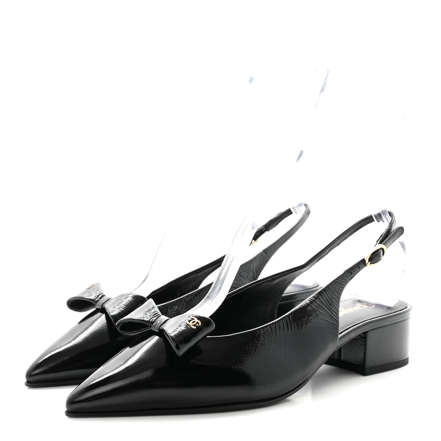 Chanel Crumpled Patent Calfskin CC Bow Slingback Pumps 37 Black 4 of 10
