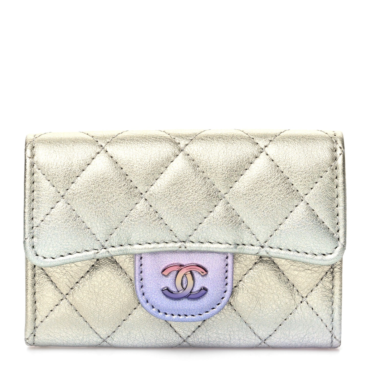 Gradient Metallic Calfskin Quilted Flap Card Holder Wallet Silver Blue Yellow Purple