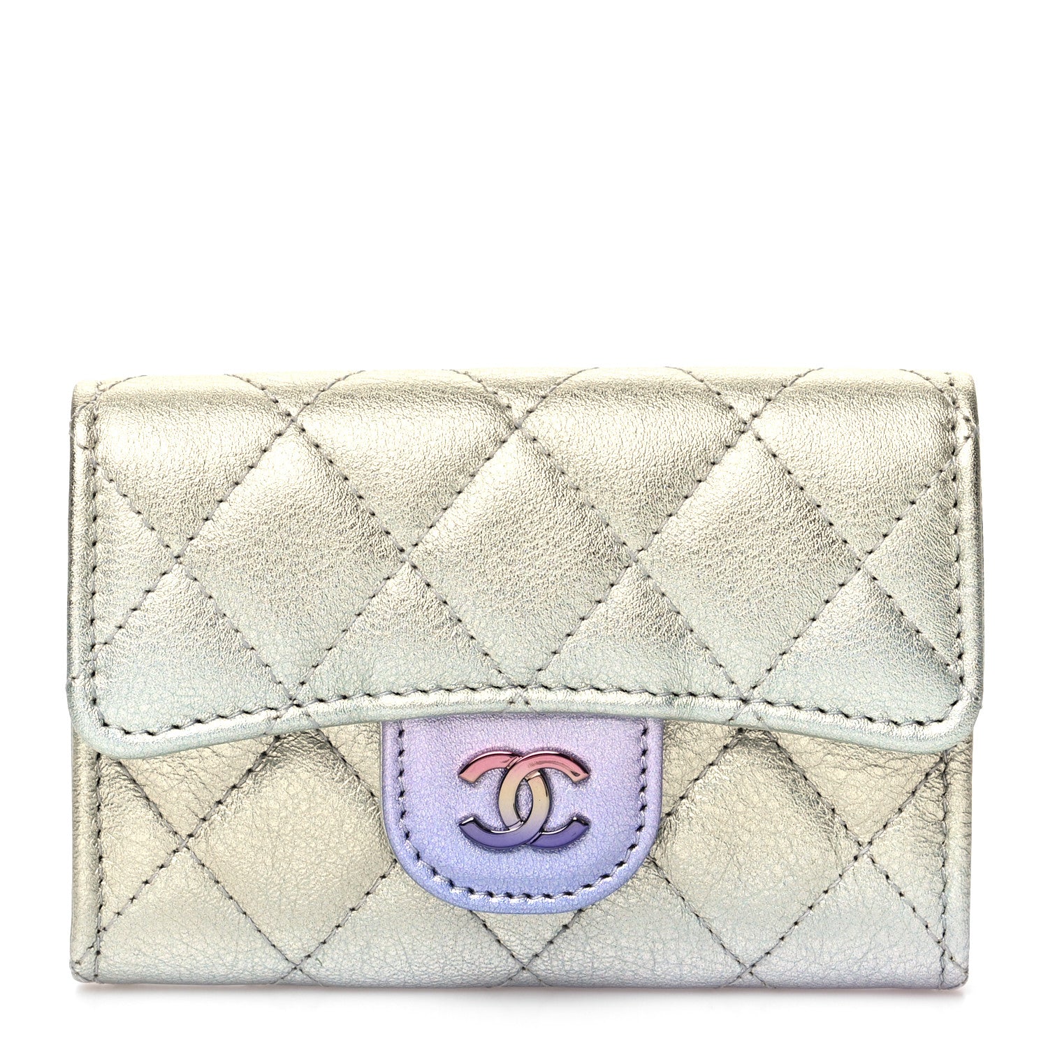Chanel Gradient Metallic Calfskin Quilted Flap Card Holder Wallet Silver Blue Yellow Purple 1 of 10