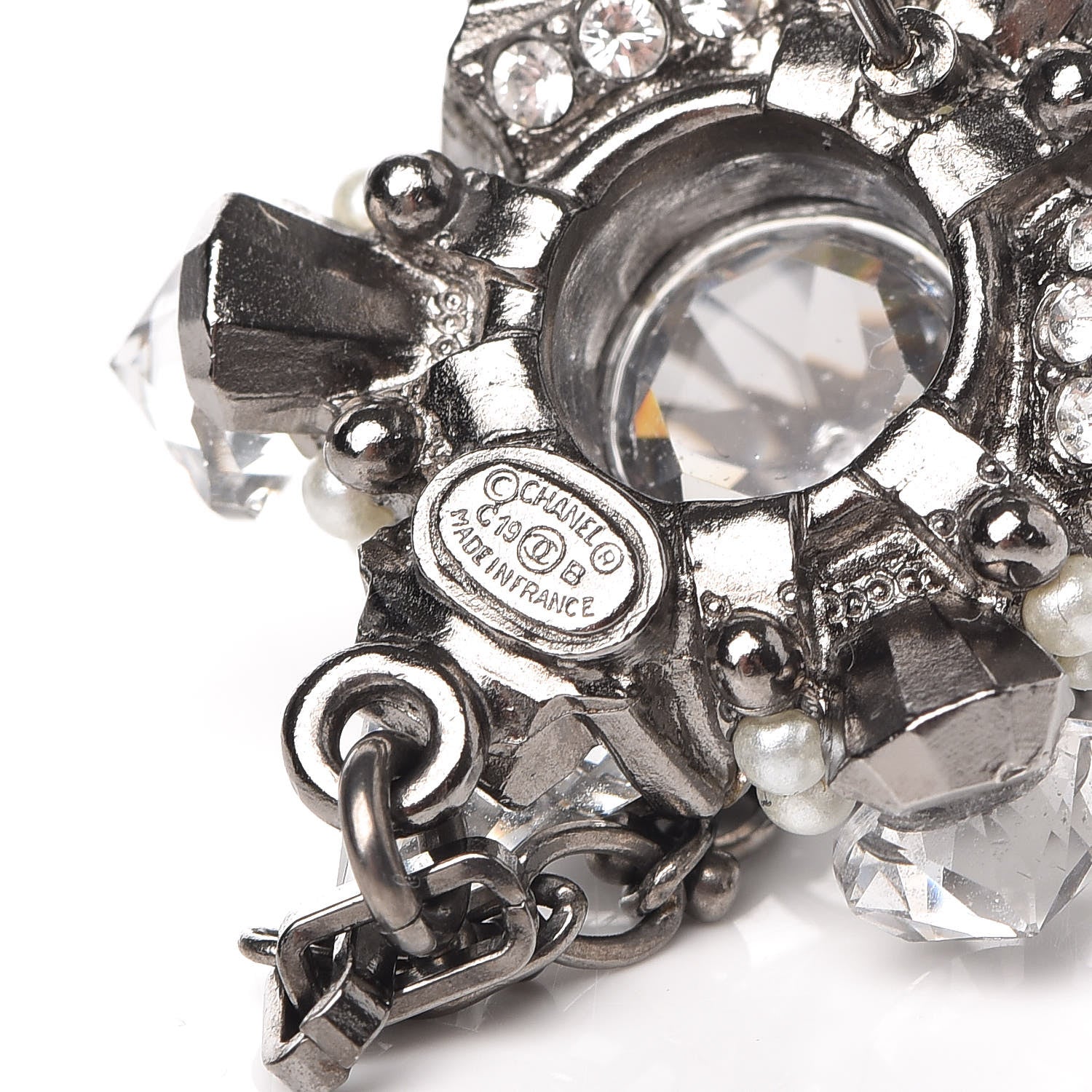 Chanel Crystal Pearl CC Drop Earrings Silver 4 of 7