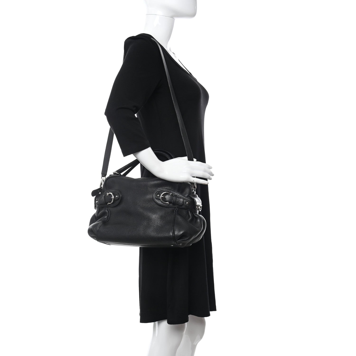 Salvatore Ferragamo Grained Calfskin Gancio Top Handle Convertible Satchel Black 2 of 10