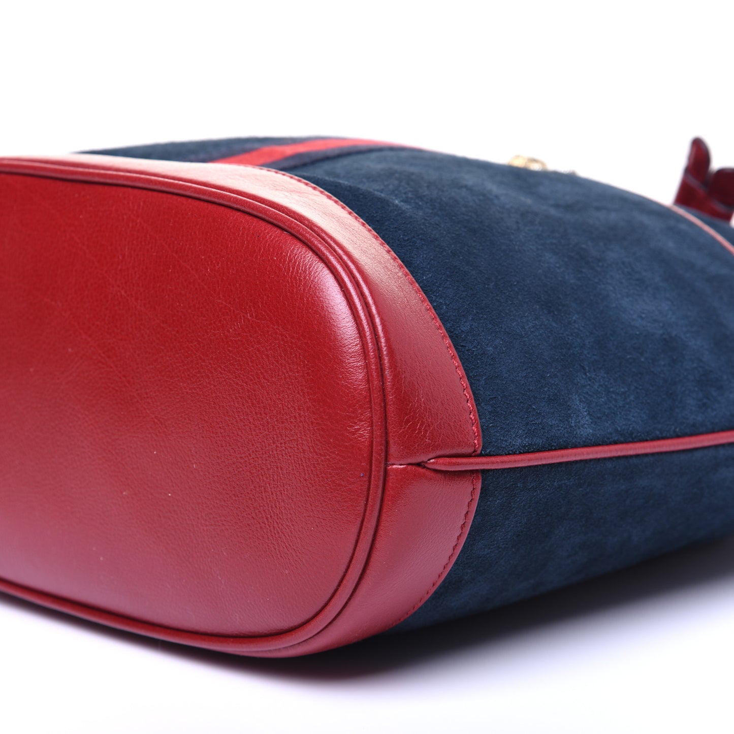 Suede Calfskin Web Medium Rajah Bucket Bag New Blue Romantic Cherry
