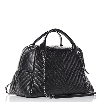 Chanel Aged Calfskin Chevron Large Soft Bowling Bag Black 3 of 10