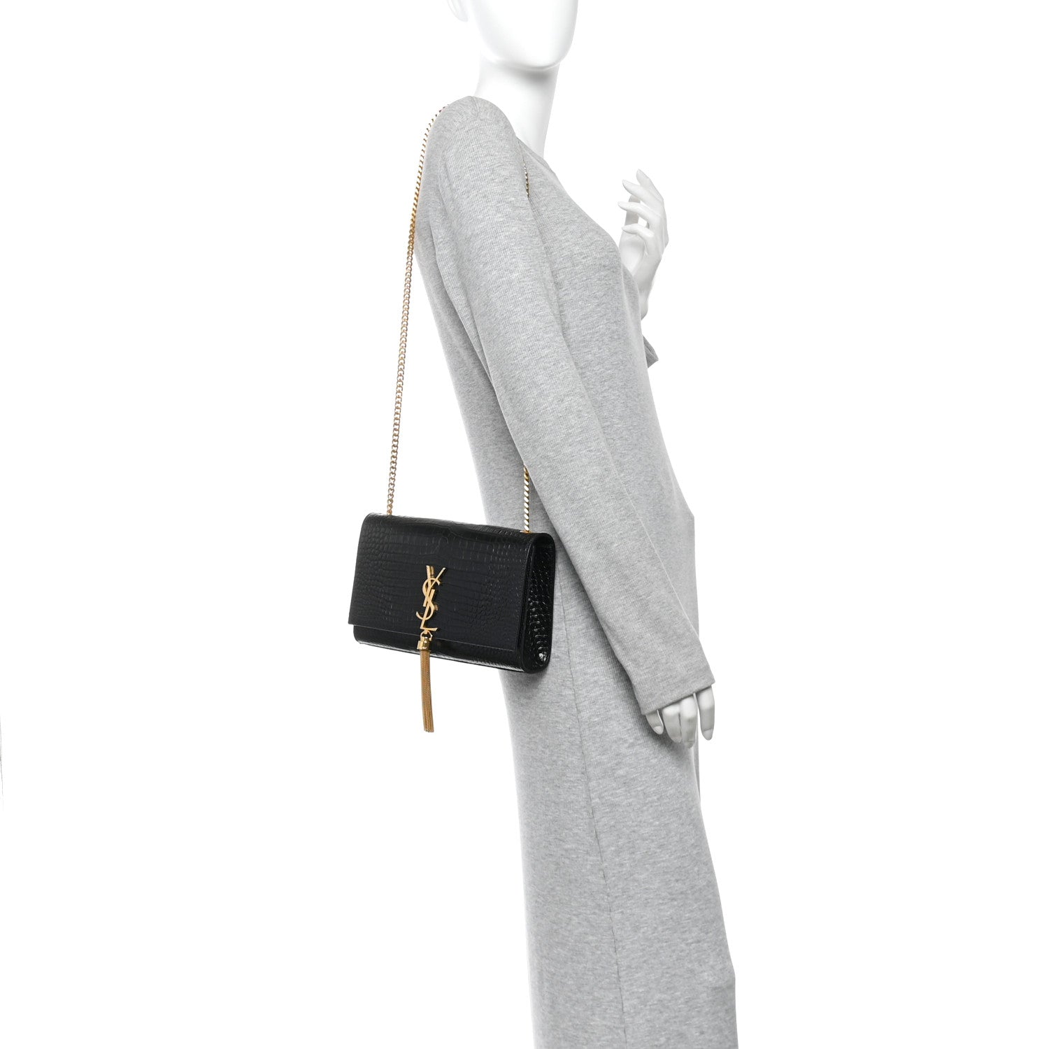 Saint Laurent Calfskin Crocodile Embossed Medium Classic Monogram Kate Tassel Satchel Black Black 2 of 9