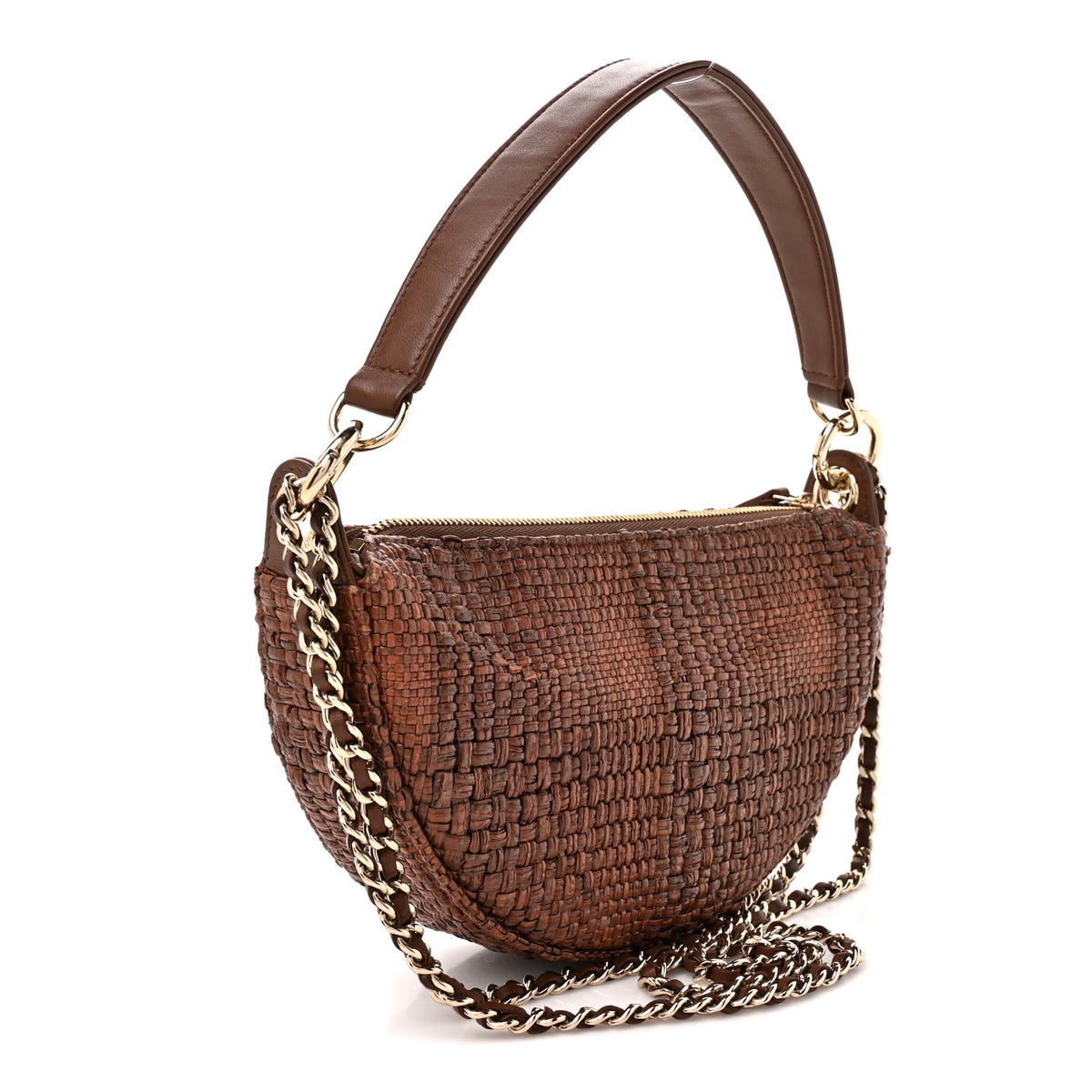 Braided Raffia Clutch With Chain Brown