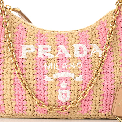 Prada Yarn Raffia Effect Crochet Striped Re-Edition 2005 Shoulder Bag Naturale Petalo 9 of 12