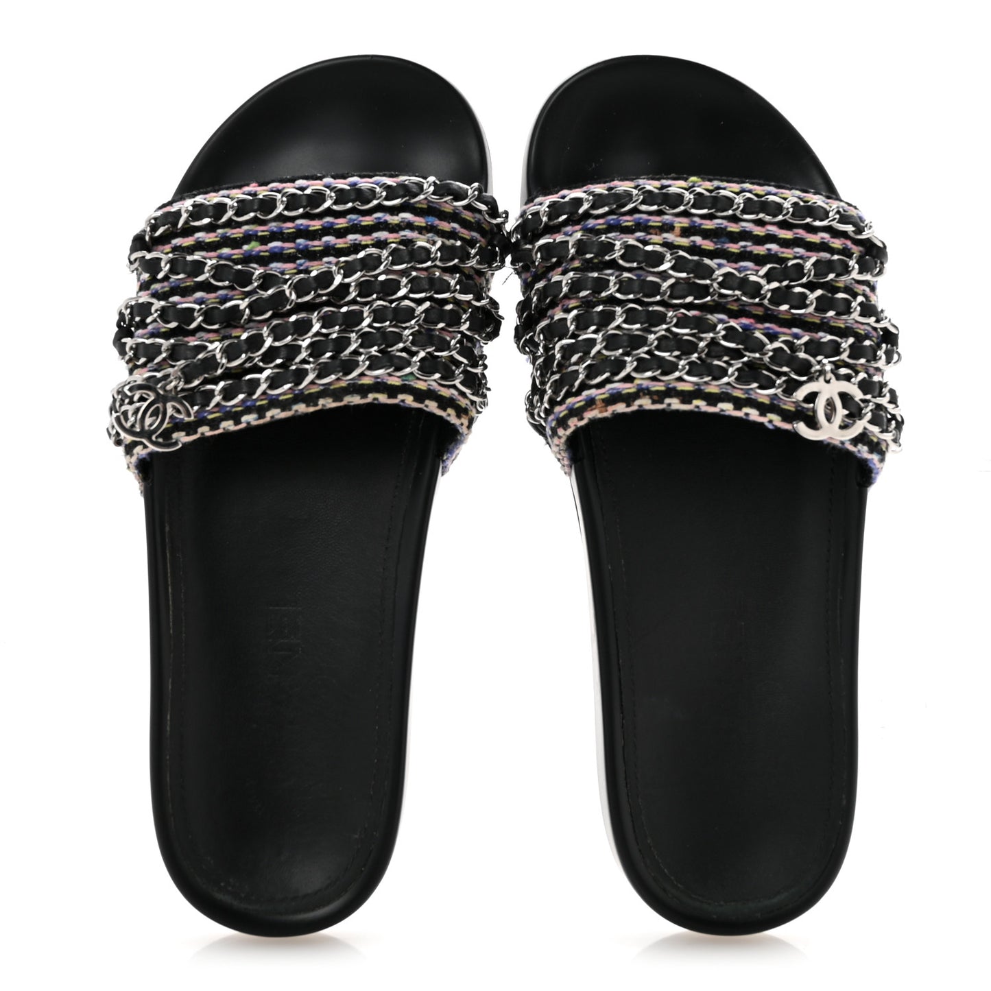 Satin Canvas Chain Slides Sandals Flats 37.5 Marine