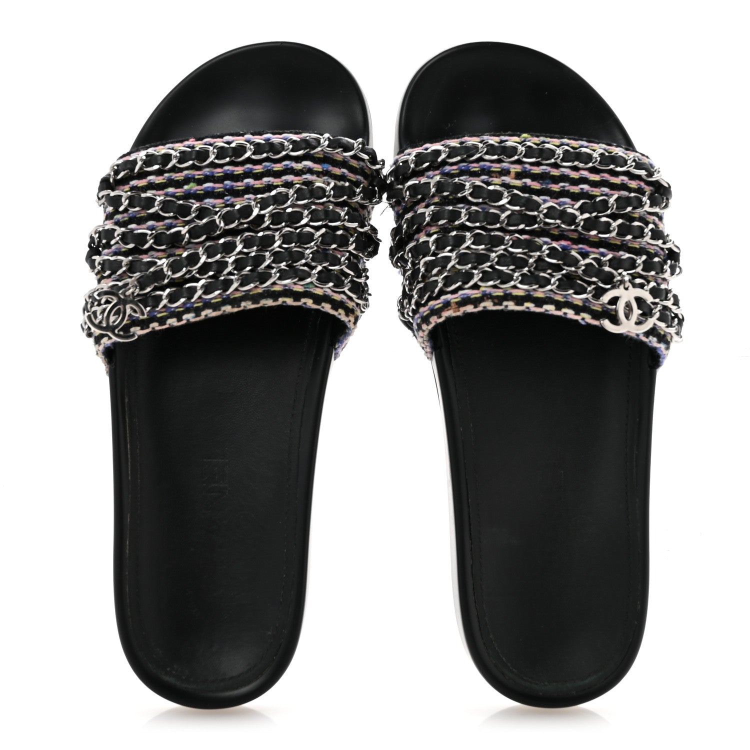 Chanel Satin Canvas Chain Slides Sandals Flats 37.5 Marine 2 of 12