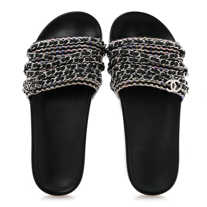Chanel Satin Canvas Chain Slides Sandals Flats 37.5 Marine 2 of 12